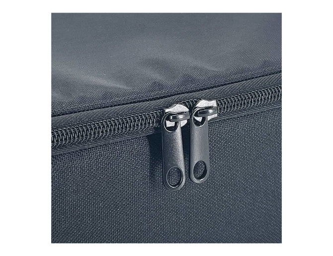 A close-up of a black insulated lunch bag featuring dual zippers and a textured fabric.