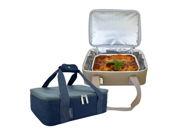 A navy blue and beige insulated food bag with a large, cooked dish inside, featuring a handle and zippers.