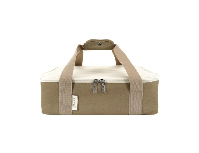 A beige and khaki insulated bag with a zip closure and dual handles, featuring a logo on the side.