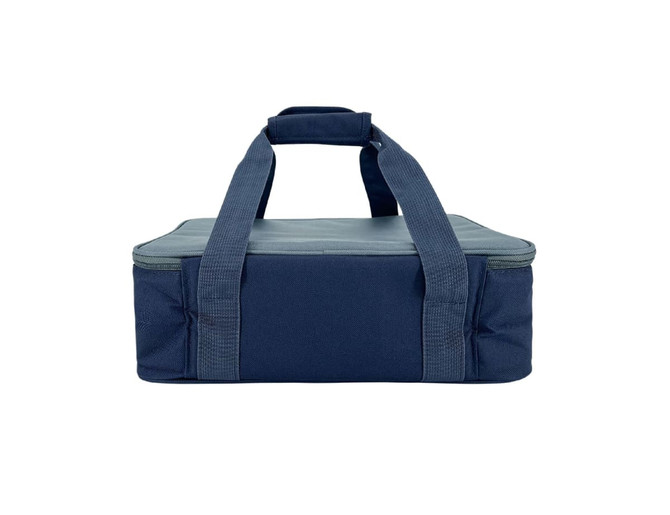A navy insulated bag with two sturdy handles, designed for carrying food or drinks. Features a zip closure.