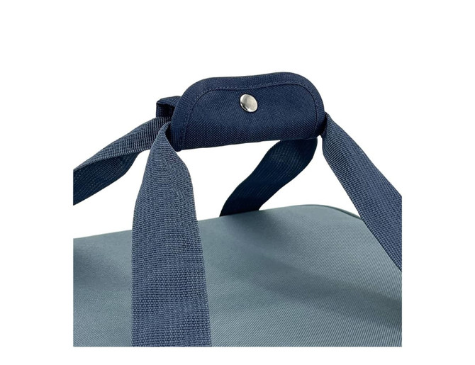 A blue insulated carry bag with sturdy straps and a snap button closure on the handle.