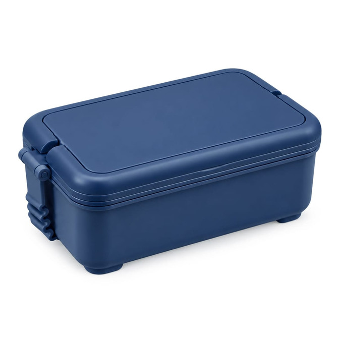 A navy blue lunchbox with a secure lid and a sturdy clasp, featuring a logo on the side.