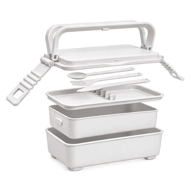 A double tray lunchbox in white with a handle, containing two compartments and a fork and spoon set.