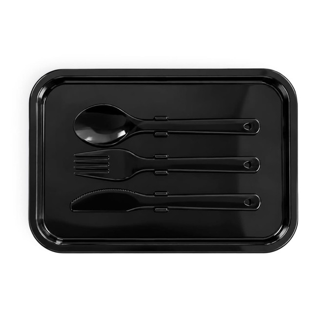 A black tray featuring a spoon, fork, and knife arranged neatly on it.