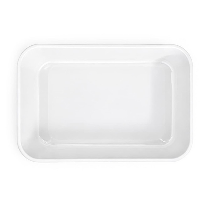 A rectangular white tray with rounded edges, featuring a flat surface and no visible designs.