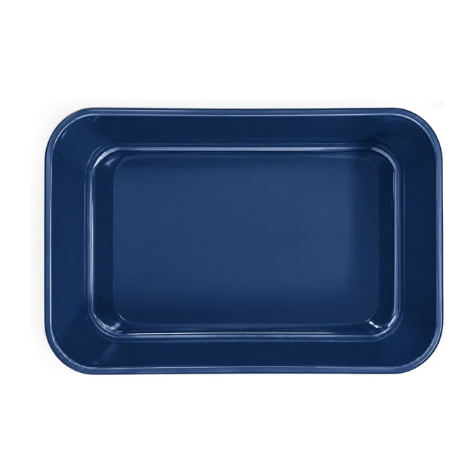 A navy blue double tray lunchbox with a rectangular shape and a glossy finish. It features a logo.