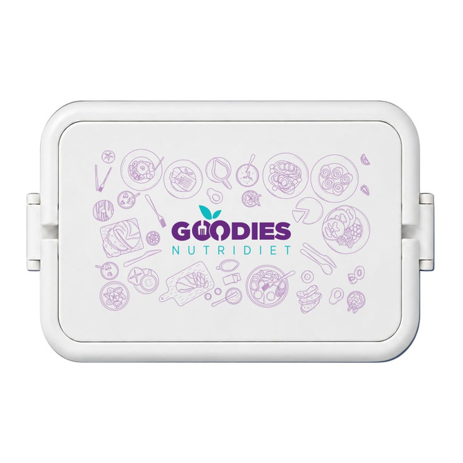 A white double tray lunchbox featuring a purple illustrated design and a logo on the front.