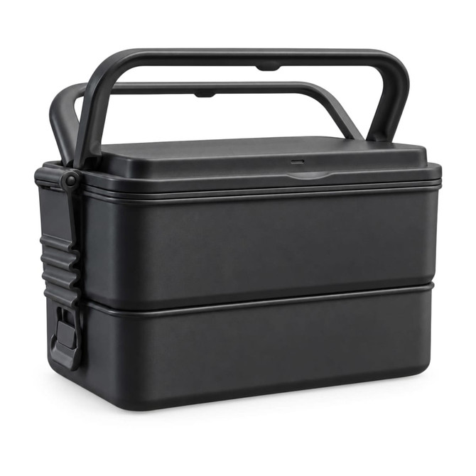 A black double tray lunchbox with a sturdy handle and secure latch, featuring a sleek design.