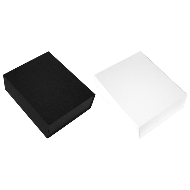 A magnetic gift box featuring a sleek black box and a clean white box, both with branding.