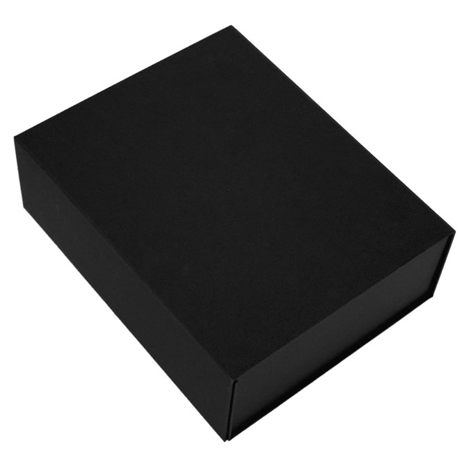 A black magnetic gift box with a smooth finish and a branded logo on the surface.