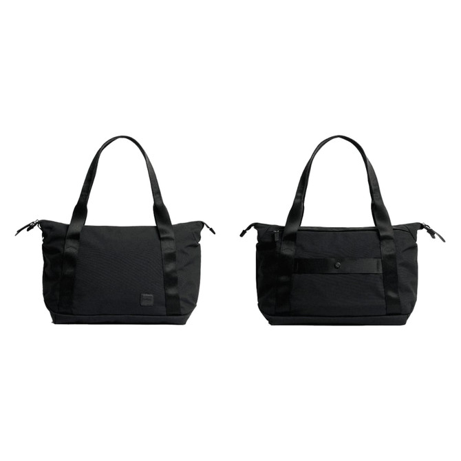 A black tote bag with two handles, featuring a sleek design and a logo. It appears in two angles.