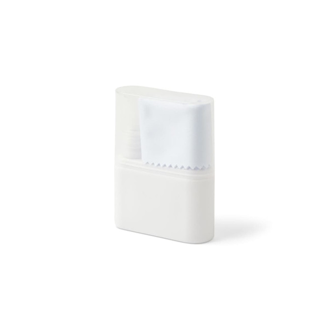 A white spray bottle with a cloth attached, packaged in a slim, clear case. It features a logo.