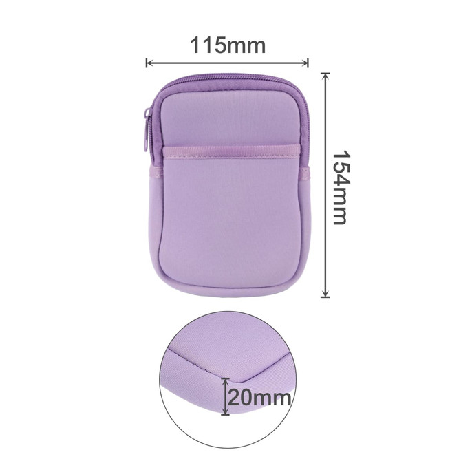 A drink bottle pouch in a soft lavender colour with a zip closure and front pocket. Features dimensions of 115mm by 154mm.