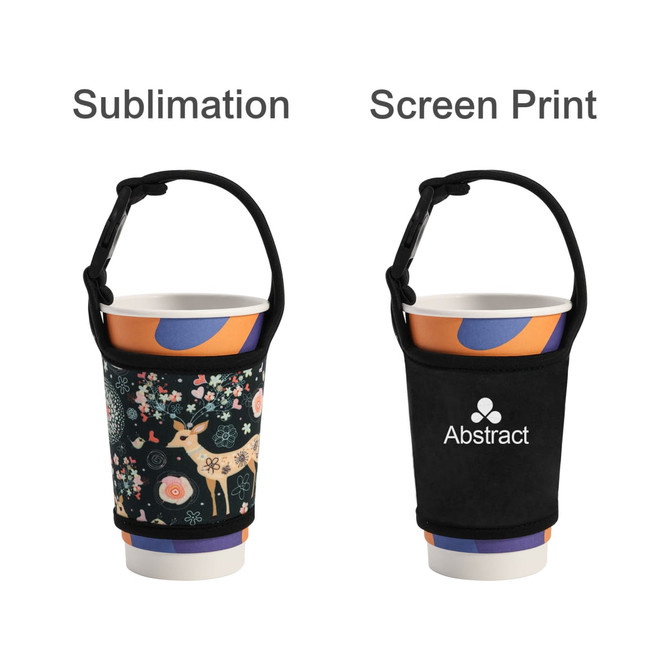 A drink bottle sleeve in black and multicoloured with designs, featuring a logo. Two styles are displayed side by side.
