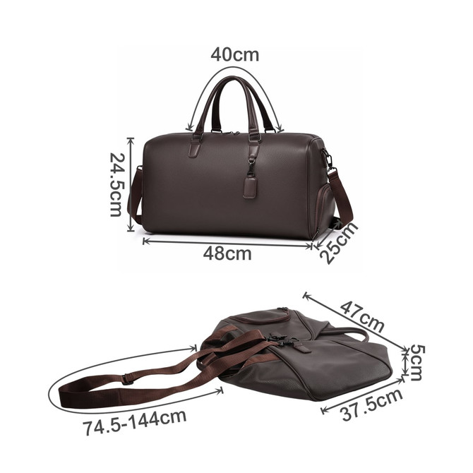 A brown polyurethane duffle bag with dual handles, adjustable shoulder strap, and dimensions provided.