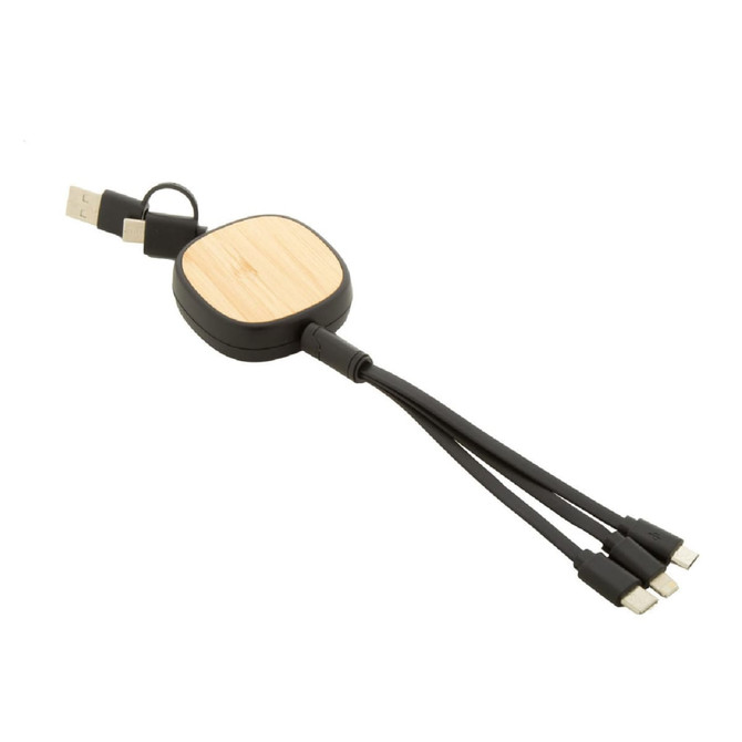 A USB charger cable featuring a bamboo and black recycled ABS design, with multiple connectors.
