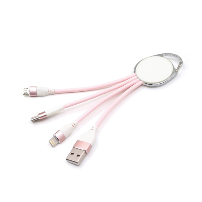 A pink charging cable with multiple connectors and a keyring attachment. It features USB, Lightning, and micro-USB ends.