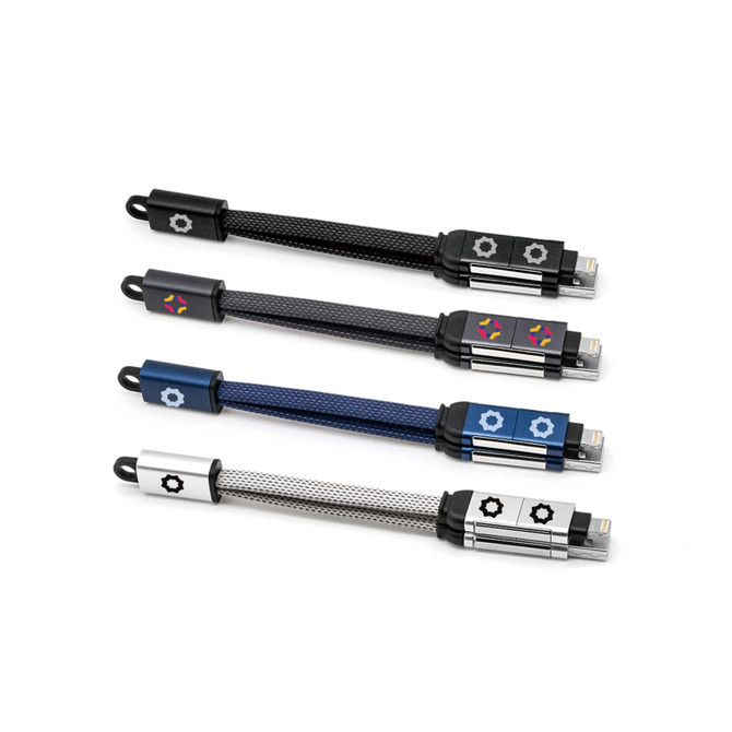 A set of four braided charging cables in black, blue, silver, and dark grey, each with a keyring and branded logo.