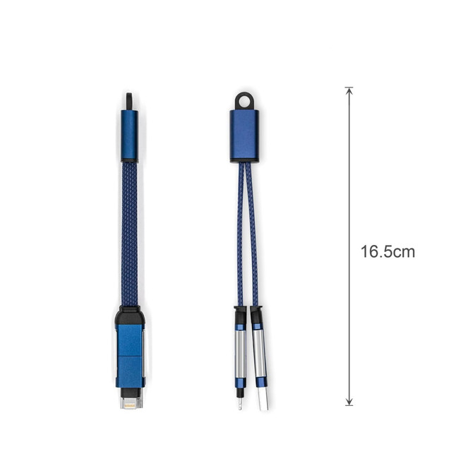 A 60W 4-in-1 braided charging cable with a keyring, featuring a blue and silver design, measuring 16.5 cm in length.