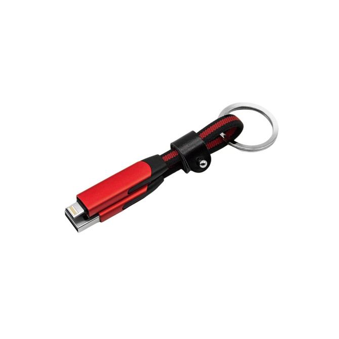 A 60W 6-in-1 braided charging cable in red and black with a keyring attachment. Features a logo.