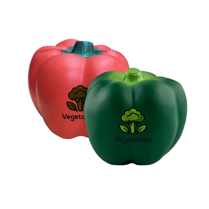 A stress relief toy featuring a red and a green capsicum, both with a logo on the front. The capsicums are bulbous and cheerful.
