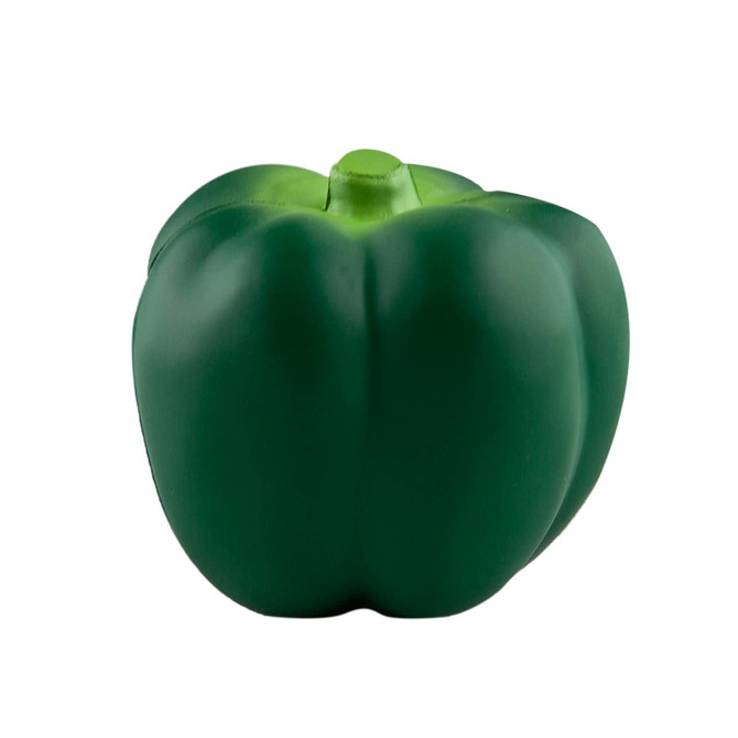 A green bell pepper stress toy with a smooth texture and rounded shape, featuring a logo on the side.