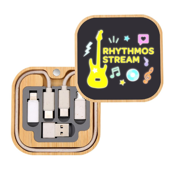 A bamboo charging cable set featuring multiple connectors against a black background with music-themed graphics and a logo.