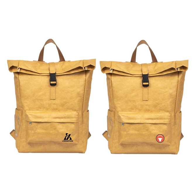 A yellow Tyvek roll top backpack with a logo, featuring a front pocket and adjustable straps.