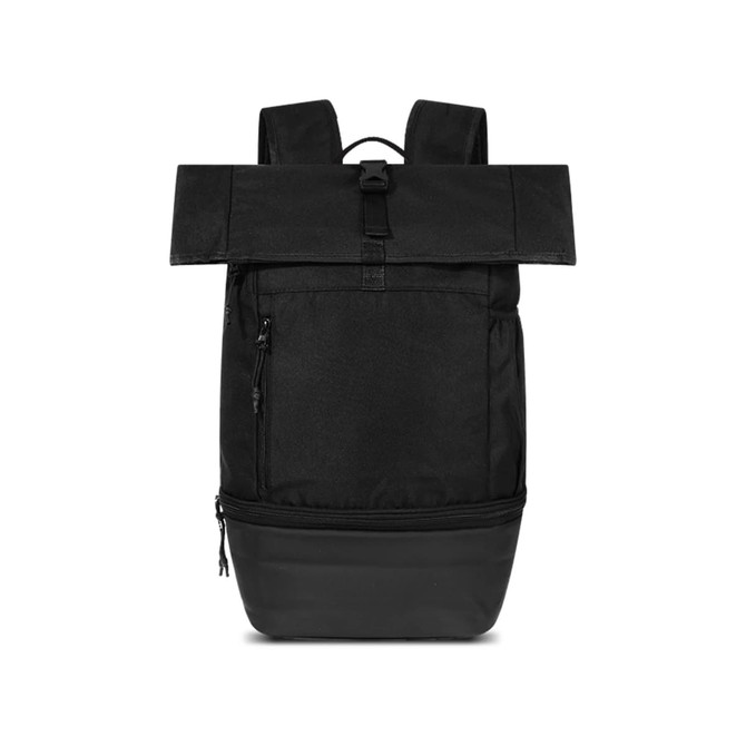 A black roll-top backpack with adjustable straps and a zippered pocket at the front. It features a logo.