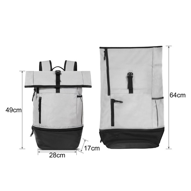A grey and black sports roll top backpack with adjustable straps and multiple compartments. It features a logo.