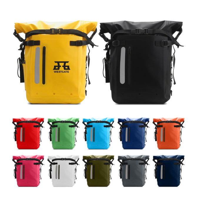 A waterproof roll top backpack available in various colours including yellow, black, red, green, and blue, featuring a logo.