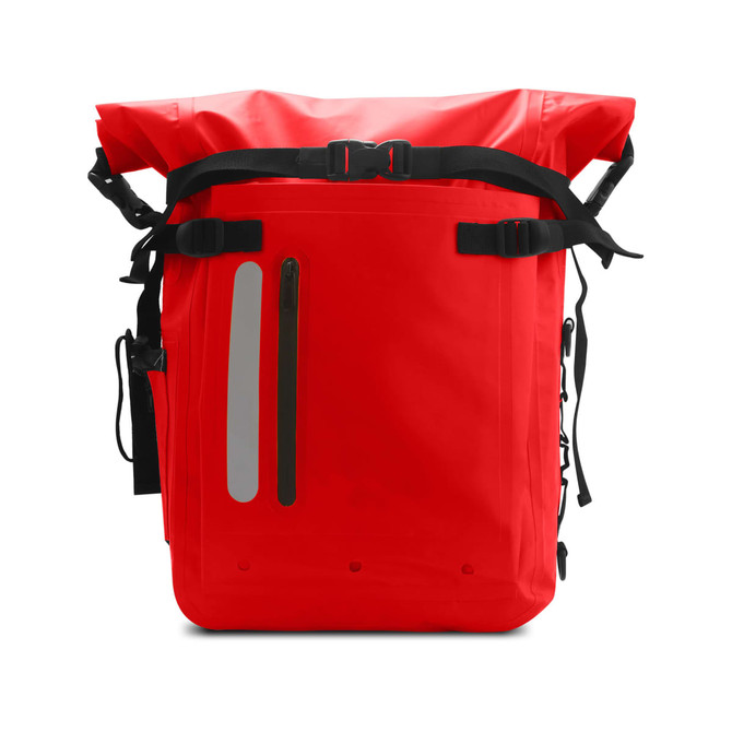 A bright red waterproof roll top backpack with adjustable straps and reflective details. It features a logo.
