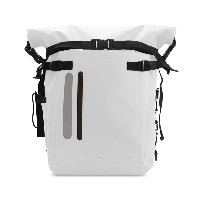 A waterproof roll top backpack in white, featuring adjustable black straps and a side pocket with a reflective strip.