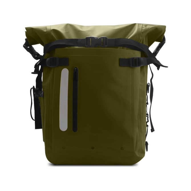 A waterproof roll top backpack in olive green with adjustable straps and various pockets. Features a logo.