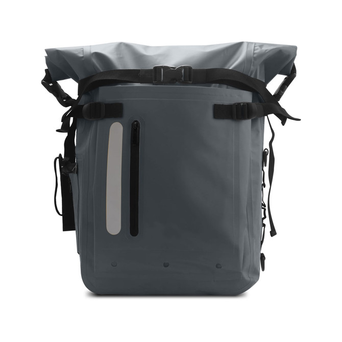 A grey waterproof roll top backpack featuring adjustable straps and a sleek design with a reflective panel and a logo.