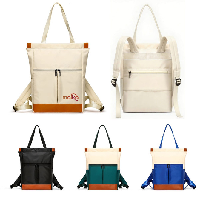 A convertible backpack in cream with brown accents, alongside black, green, and blue colour options, featuring a logo.