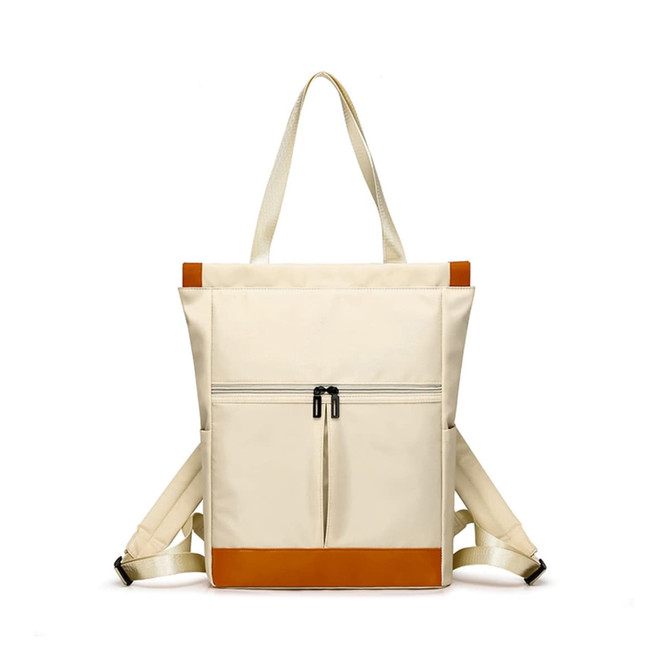 A cream convertible nylon backpack with brown accents and adjustable straps, featuring a front zippered pocket.