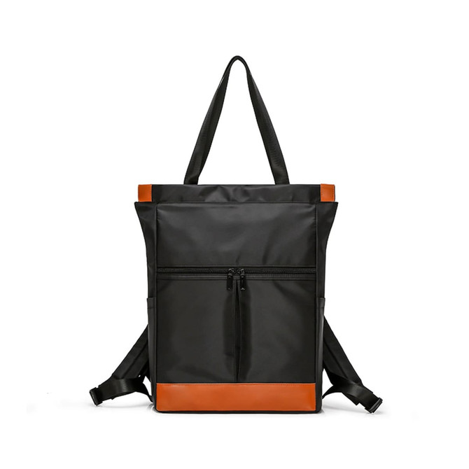 A convertible black nylon backpack with orange accents and adjustable straps, featuring a front zip pocket.
