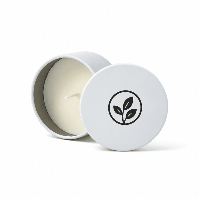 A mini tin candle with a white exterior and a leaf logo, featuring a clean white wax interior.