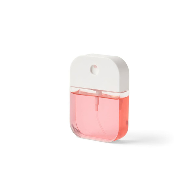 A pink 35ml spray sanitiser in a clear container with a white cap and a spray nozzle.