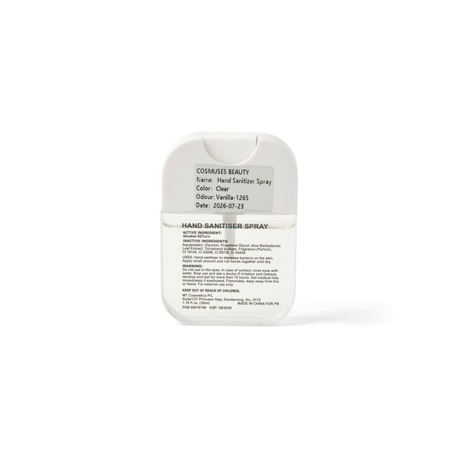 A clear 35ml spray sanitiser with a vanilla scent, featuring a logo on the label.
