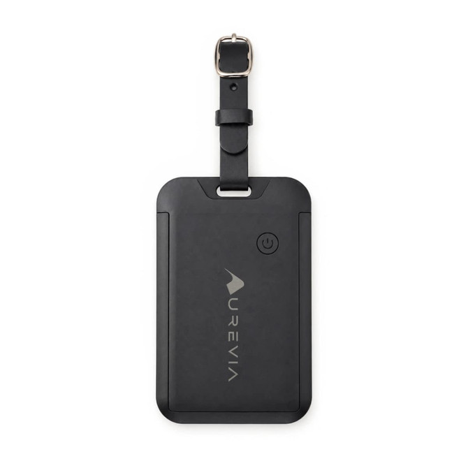 A black luggage tag tracker with a strap and a logo on the front, featuring a power button.