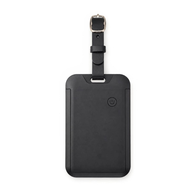 A black luggage tag tracker with a looped strap and a minimalist design, featuring a small logo on the front.