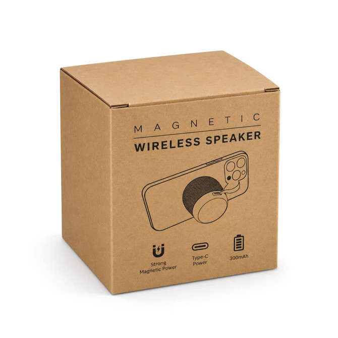 A cardboard box containing a magnetic wireless speaker with a Type-C connector and a 300mAh battery.