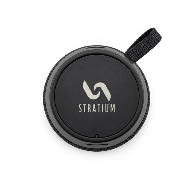 A black circular speaker with a textured edge and a strap, featuring a simple logo in the centre.