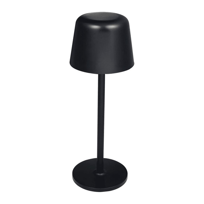 A black recycled mini rechargeable lamp with a cone-shaped shade and a circular base.