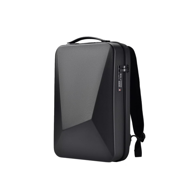 A black expandable hardshell backpack featuring a geometric design and a shoulder strap for easy carrying.