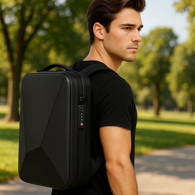 A black expandable hardshell backpack is worn by a man in casual attire, set against a park background.