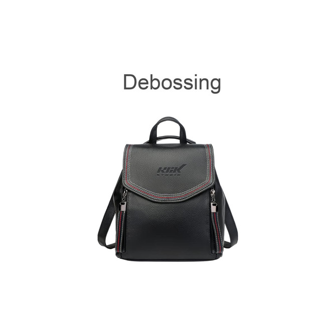 A black convertible leather backpack with decorative stitching and a logo on the front. Features a top handle and adjustable straps.