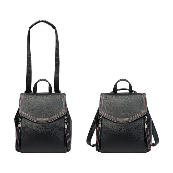 A convertible leather backpack in black with decorative stitching and dual straps, featuring two zippered pockets.